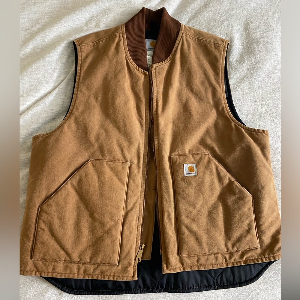 Carhartt Tan Duck Canvas Work Vest with Rib Collar